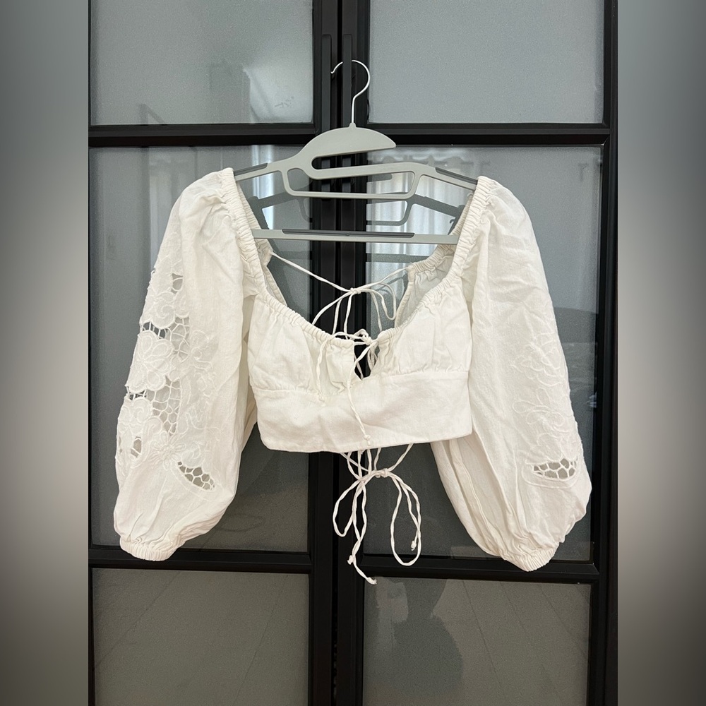 Zara Floral Embroidered White Linen Blend Top
